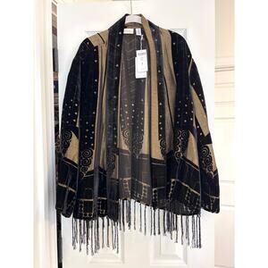 Chico’s Shiny Burnout Velvet Jacket Tassels Holiday Black Gold Size 3 XL NWT